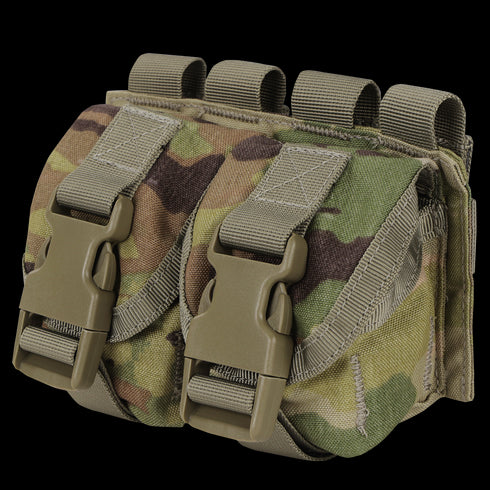 The Condor Double Frag Grenade Pouch in Scorpion OCP features a camouflage design, twin compartments with plastic buckle closures, and MOLLE straps on the back, ideal for tactical or military applications.